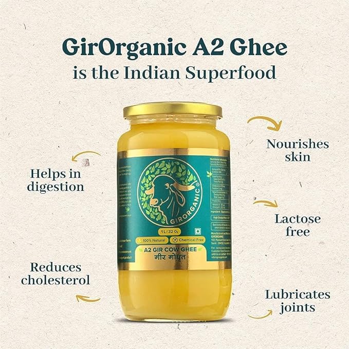 Vedic Ghee Premium A2 Gir Cow Cultured Desi Ghee | Vedic Bilona Two Way Churned | Indian Gir Cow Ghee, Pure A2 Ghee, Natural & Healthy, Non-GMO | Lab Certified (1L)