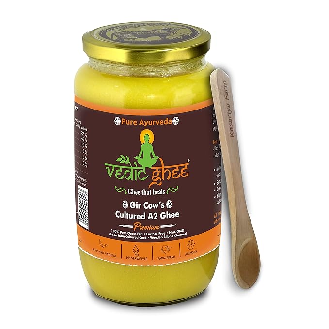 Vedic Ghee Premium A2 Gir Cow Cultured Desi Ghee | Vedic Bilona Two Way Churned | Indian Gir Cow Ghee, Pure A2 Ghee, Natural & Healthy, Non-GMO | Lab Certified (1L)